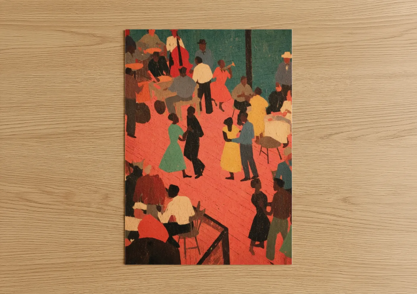 Blues art print on warm oak wood — red and dark green palette — Jazz Club Gathering poster