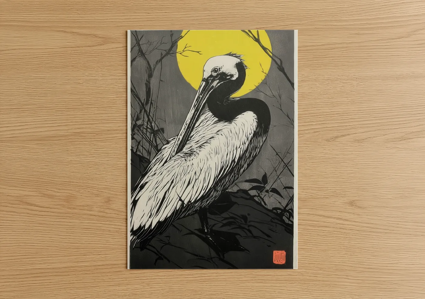 Moonlit Pelican Japanese Woodblock Wall Art
