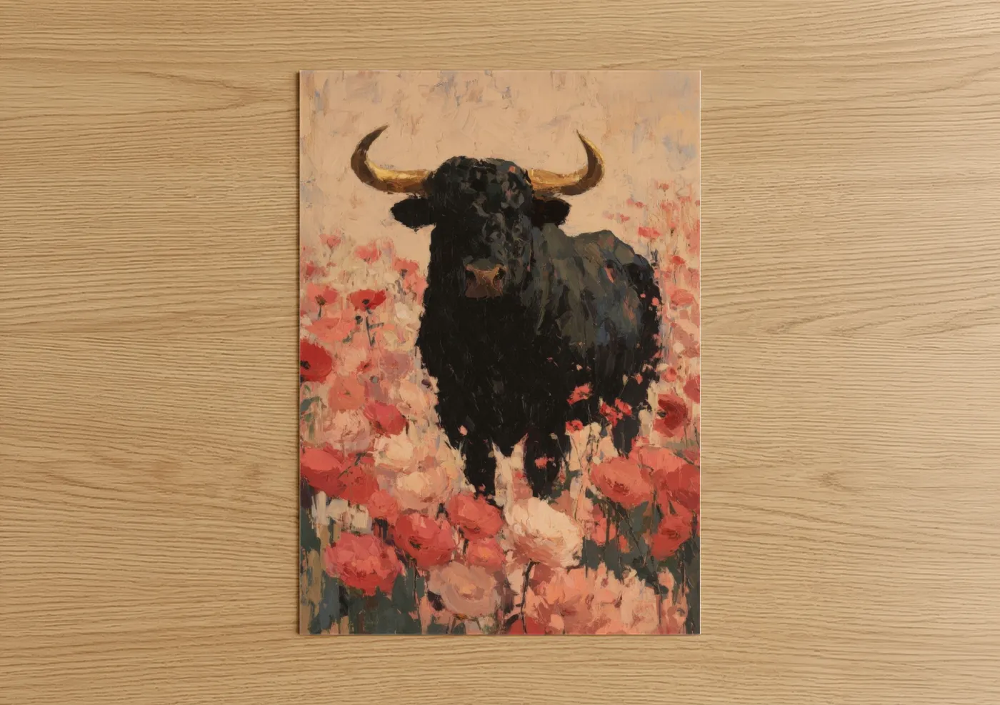 Art print on warm oak wood — peach and red palette — Taurus Poppy Field poster