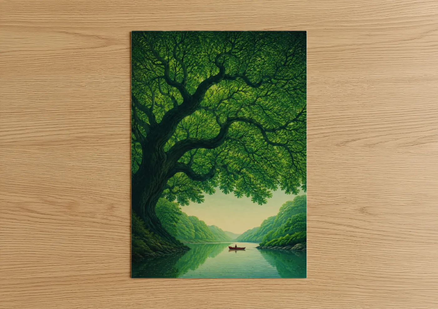Art print on warm oak wood — true green and teal palette — Tranquil Lake Tree Canopy Wall Art poster