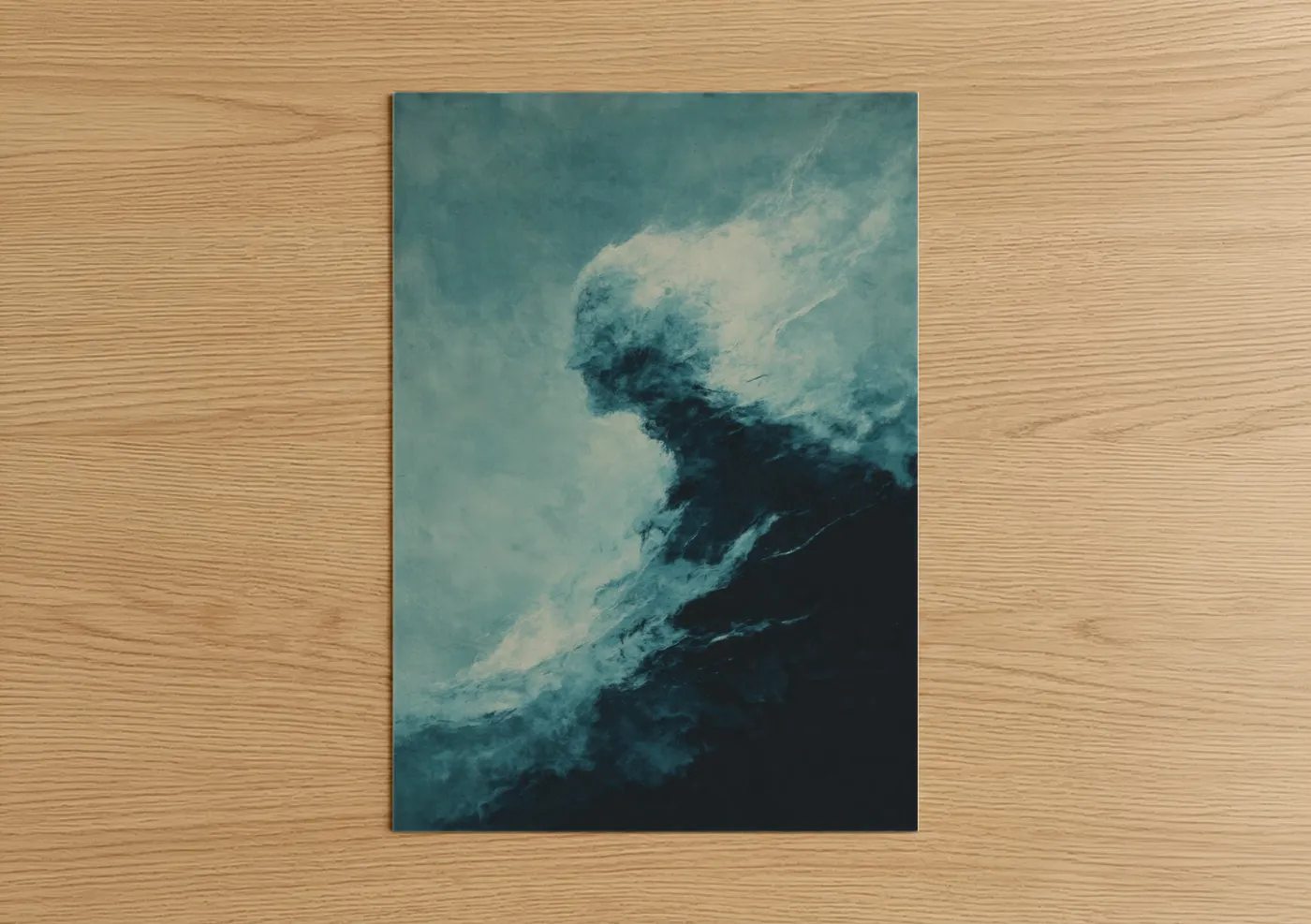 Art print on warm oak wood — blue and white palette — Ethereal Ghost poster