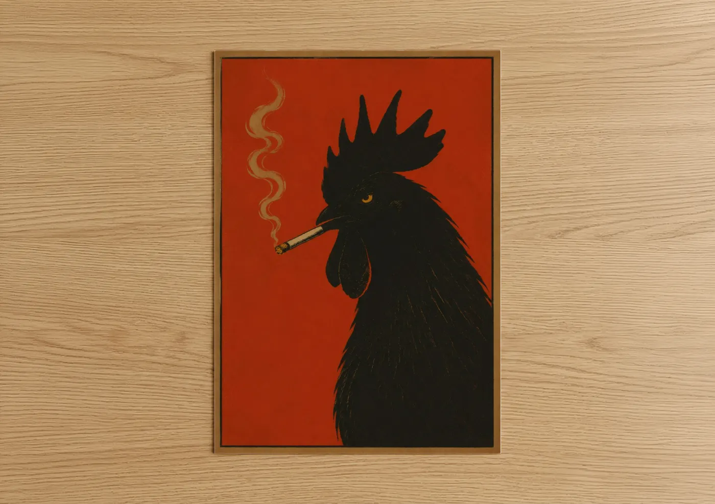 Chicken and roosters art print on warm oak wood — red and black palette — Rooster Smoking Cigar Wall Art poster
