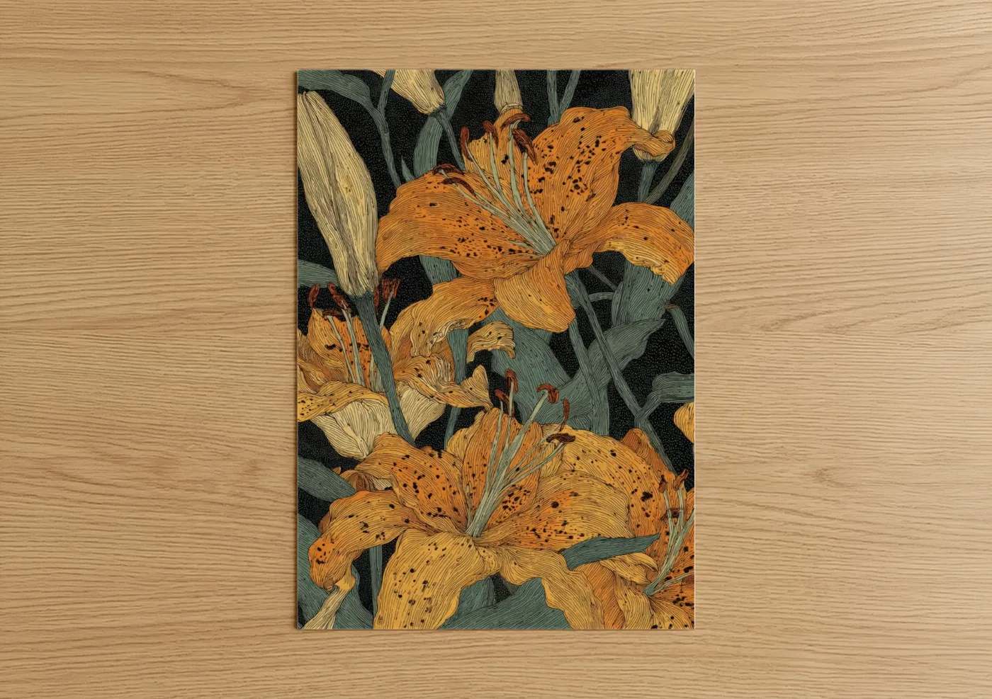 Art print on warm oak wood — gold and dark green palette — Golden Lily Botanical poster