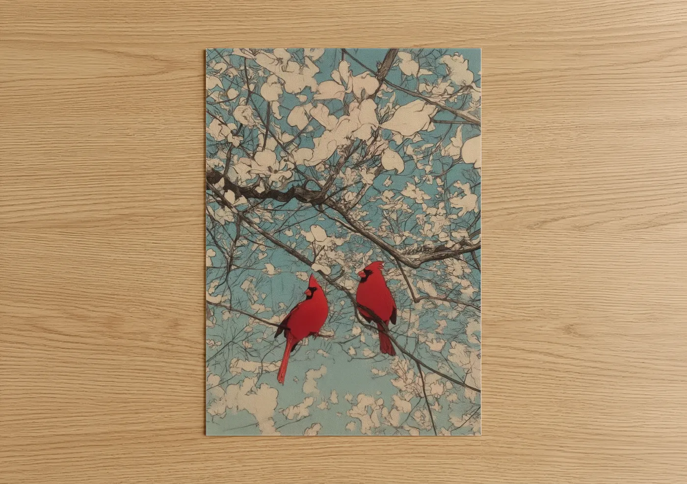Art print on warm oak wood — teal and cream palette — Cardinal Pair Blossoms poster