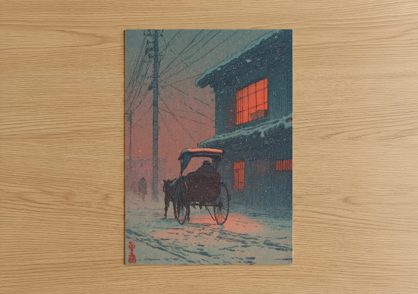 Snowy Rickshaw Winter Woodblock Wall Art