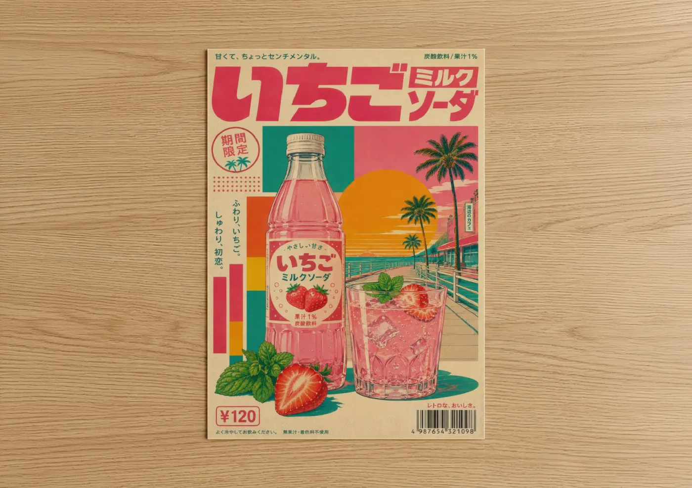 Palm tree art print on warm oak wood — pink and orange palette — Retro Japanese Strawberry Soda Wall Art poster