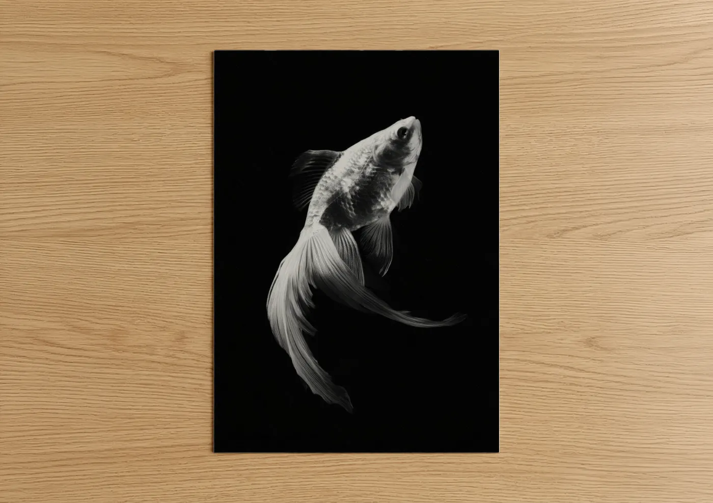 Art print on warm oak wood — black and white palette — Graceful Goldfish poster
