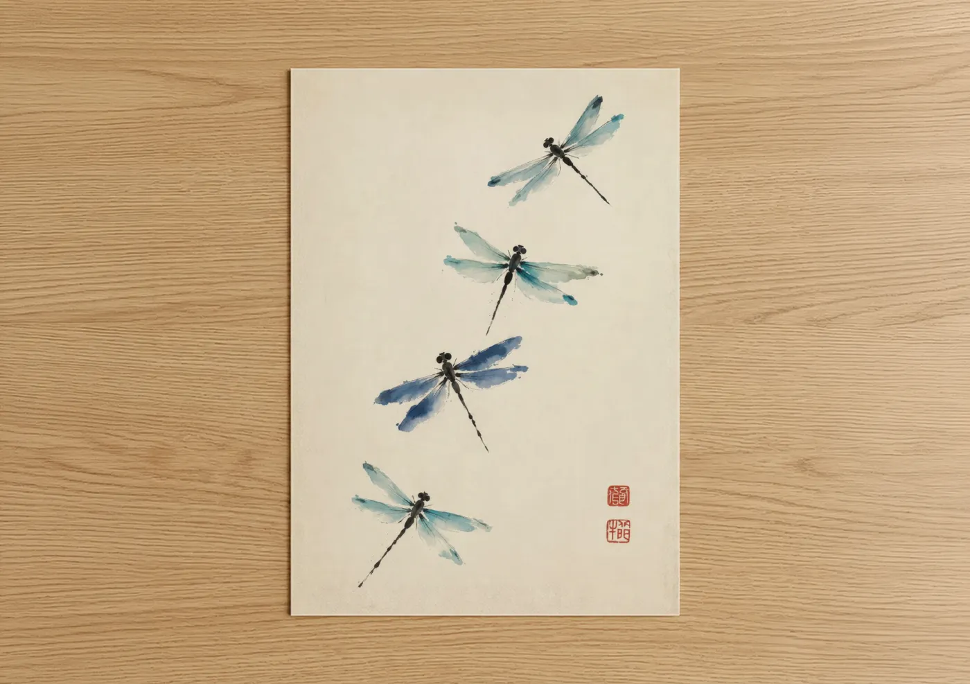 Art print on warm oak wood — blue and beige palette — Japanese Dragonfly Minimalist Wall Art poster