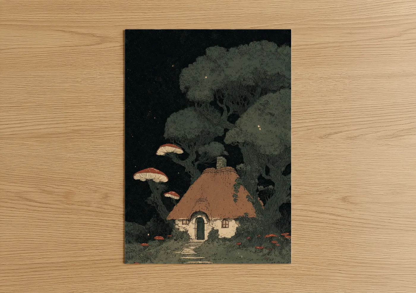 Art print on warm oak wood — black and sage green palette — Enchanted Cottage Night poster