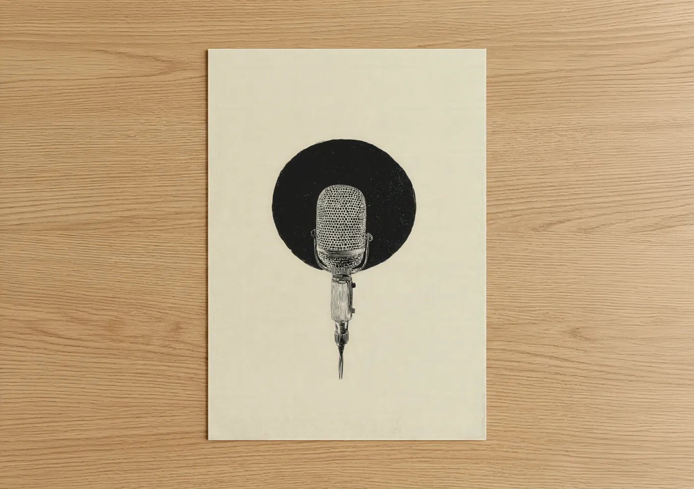 Art print on warm oak wood — black and white and cream palette — Vintage Microphone poster