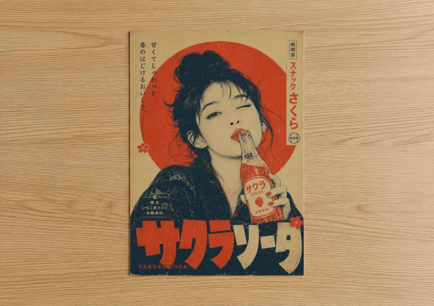 Vintage japanese ads art print on warm oak wood — red and beige palette — Vintage Japanese Soda Advertisement Wall Art poster
