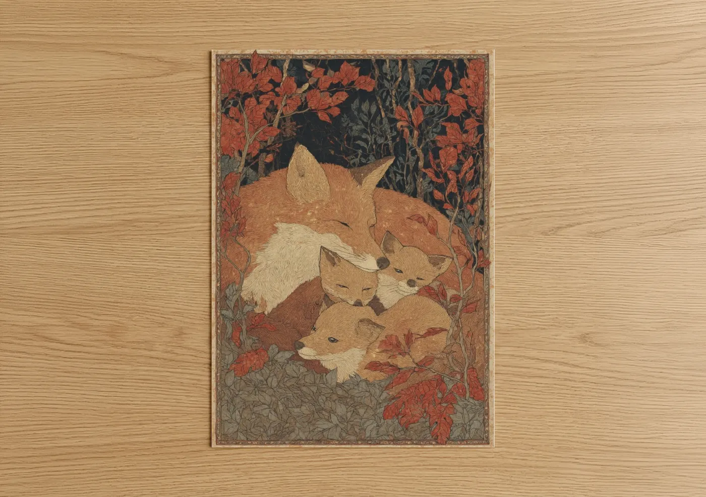 Art print on warm oak wood — russet and gold palette — Autumn Fox Family poster