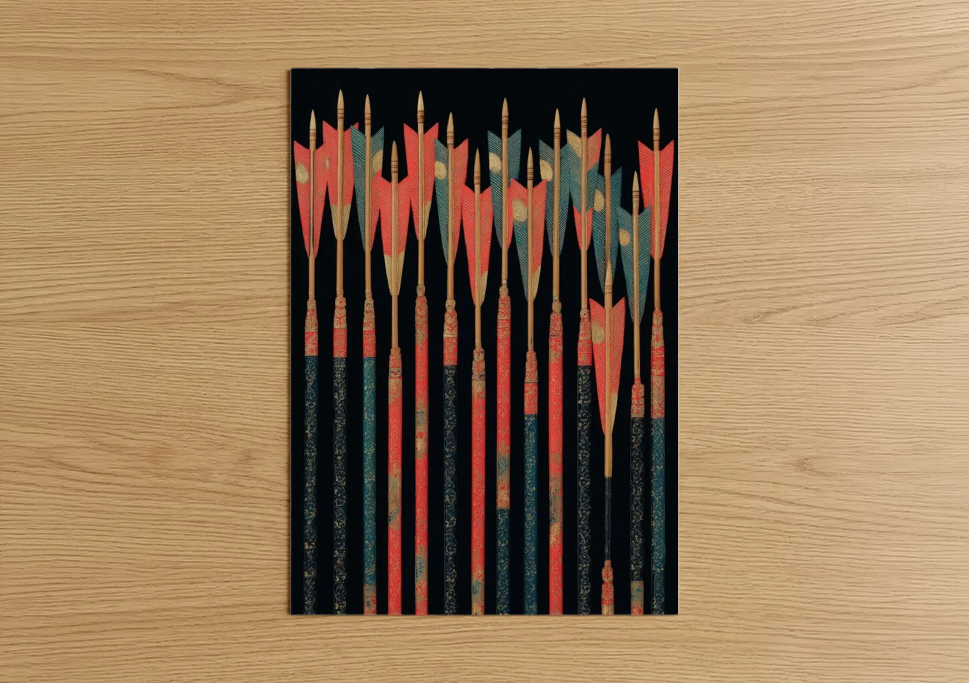 Art print on warm oak wood — russet and teal palette — Vintage Archery Collection poster
