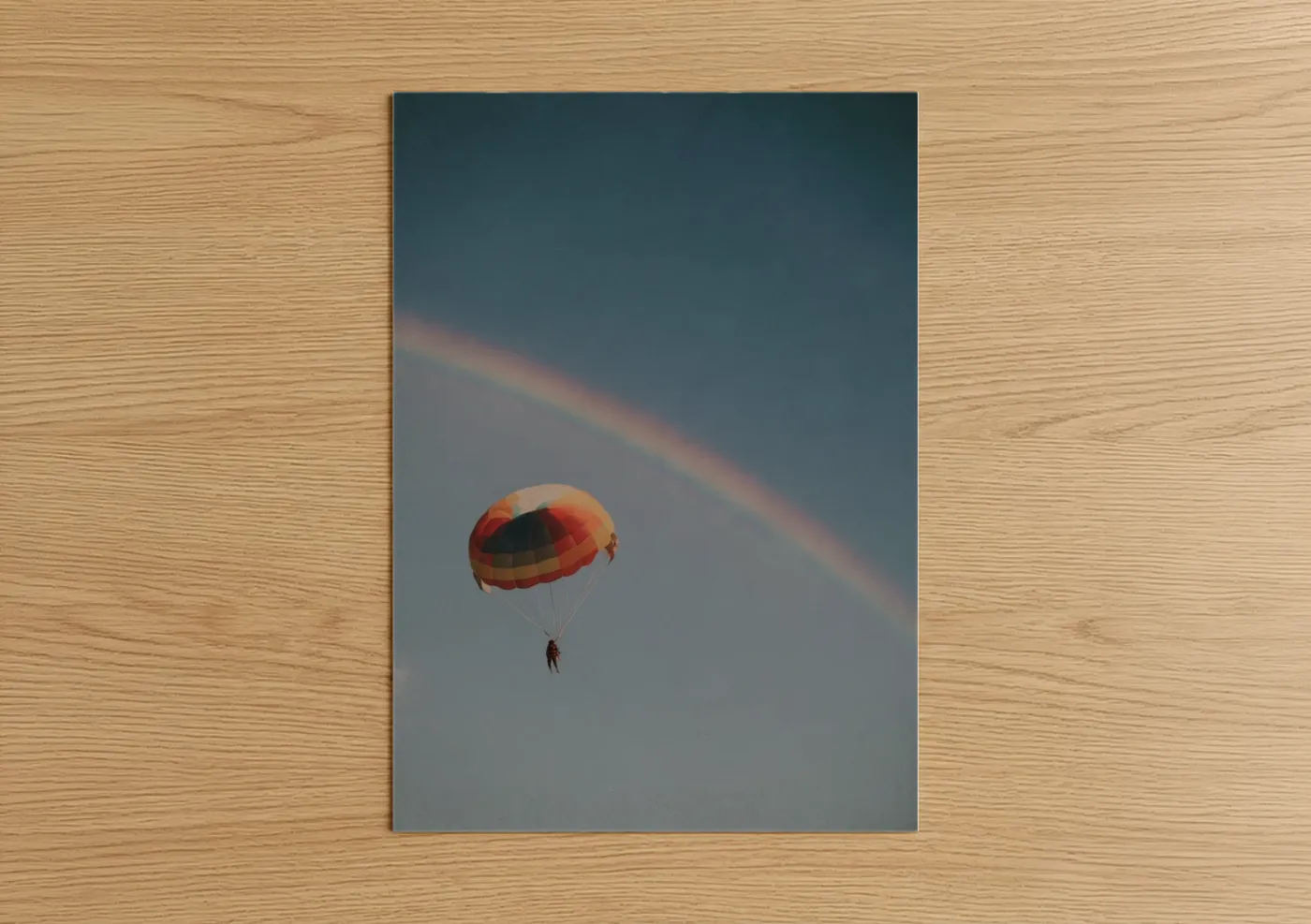 Parasailing art print on warm oak wood — blue and orange palette — Rainbow Parasail poster