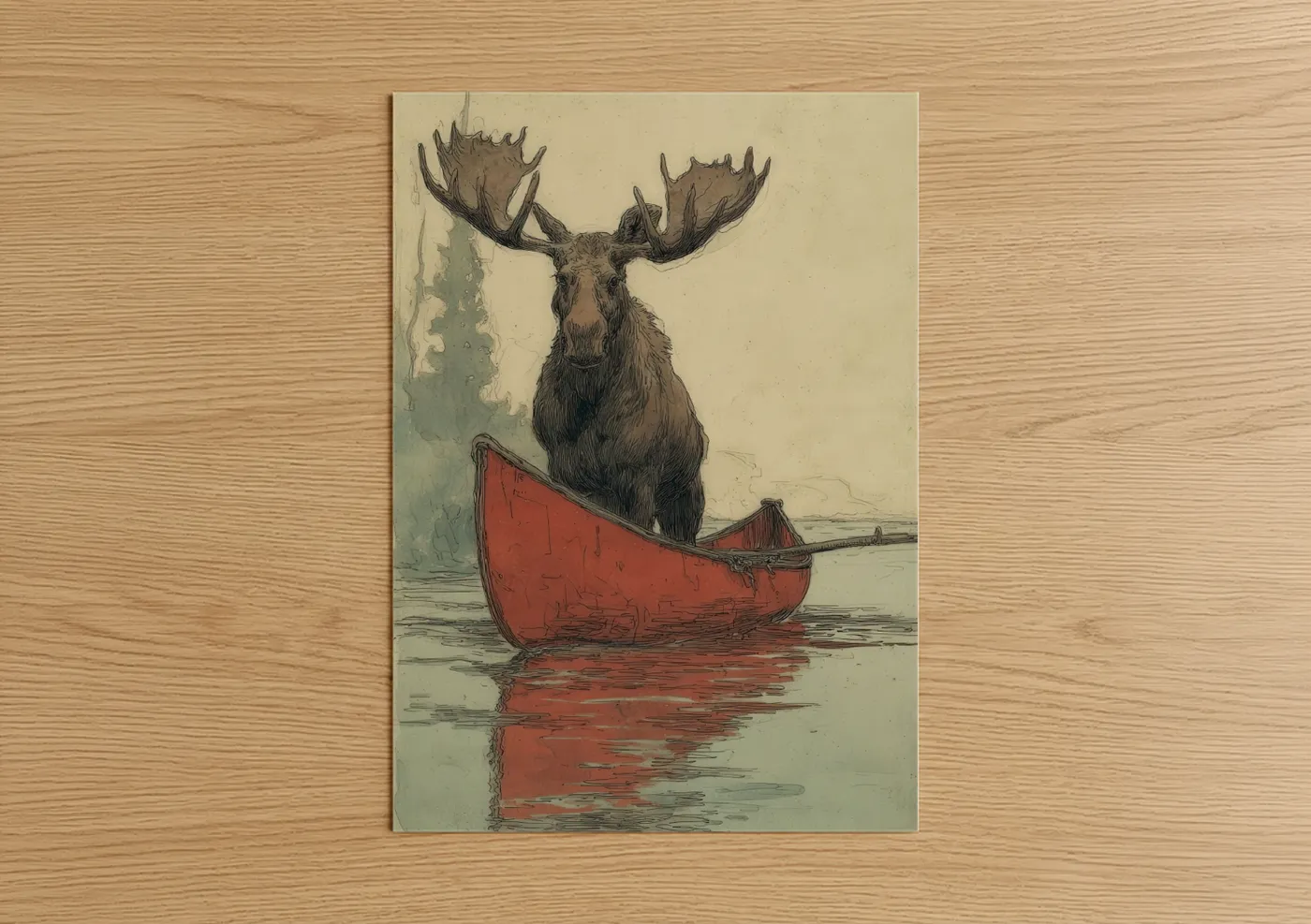 Art print on warm oak wood — sage green and cream palette — Boatside Moose poster