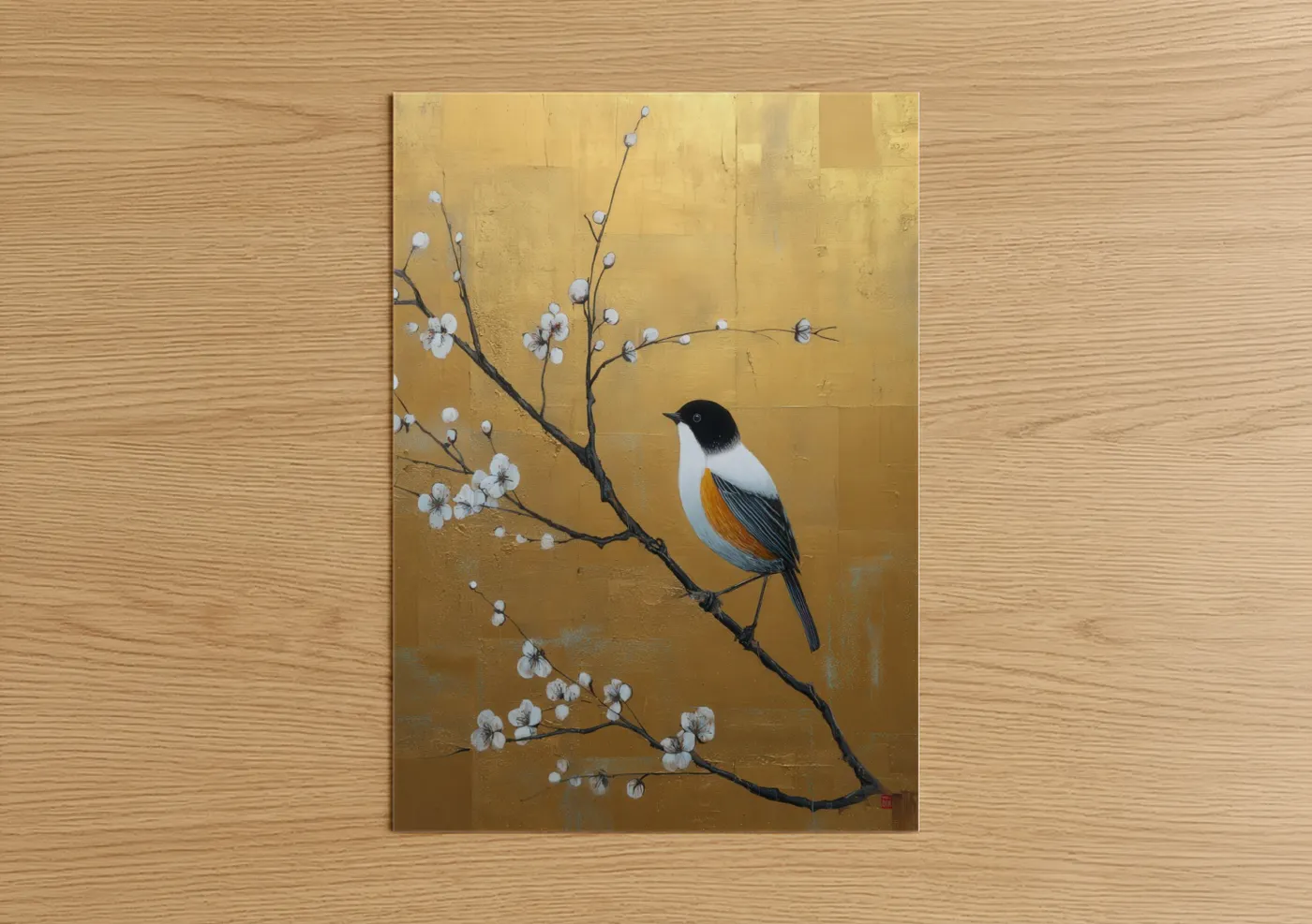 Golden Songbird with White Blossoms Wall Art