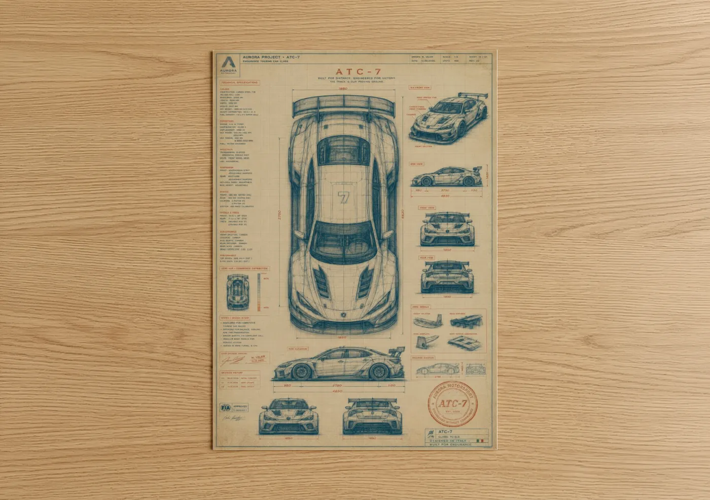 Art print on warm oak wood — blue and cream palette — Race Car Blueprint Technical Wall Art poster