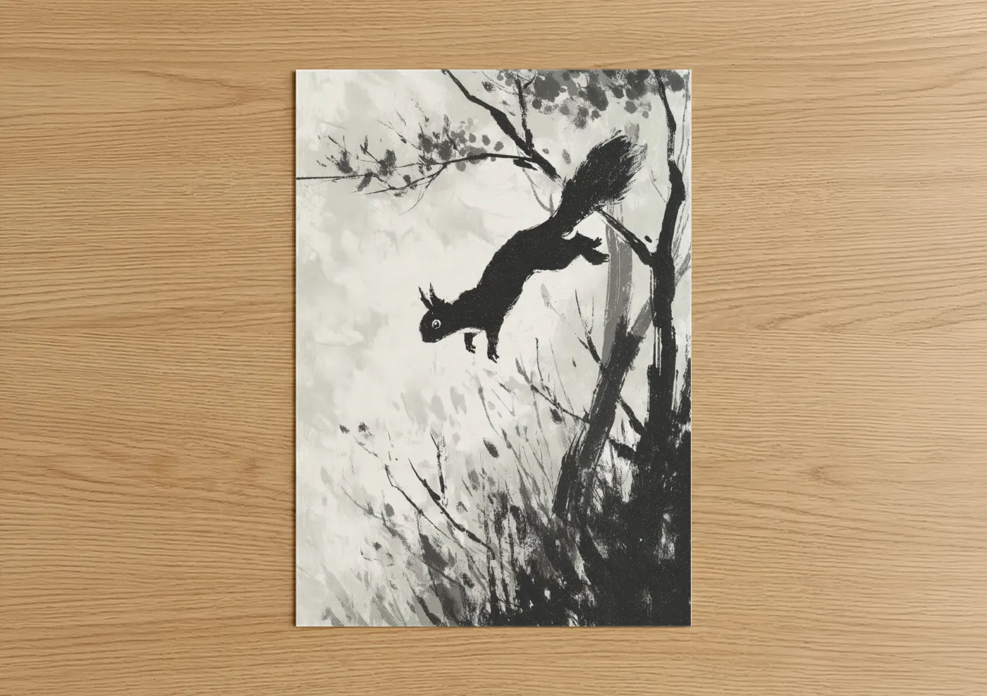 Black Squirrel Climbing Tree Ink Wall Art
