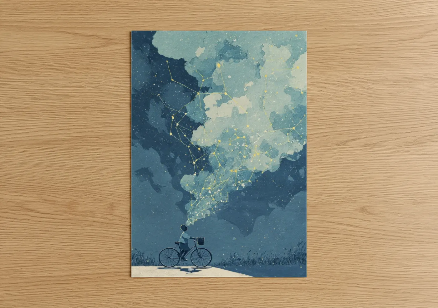 Urban bicycle art print on warm oak wood — dark blue and gold and white palette — Starry Cyclist poster
