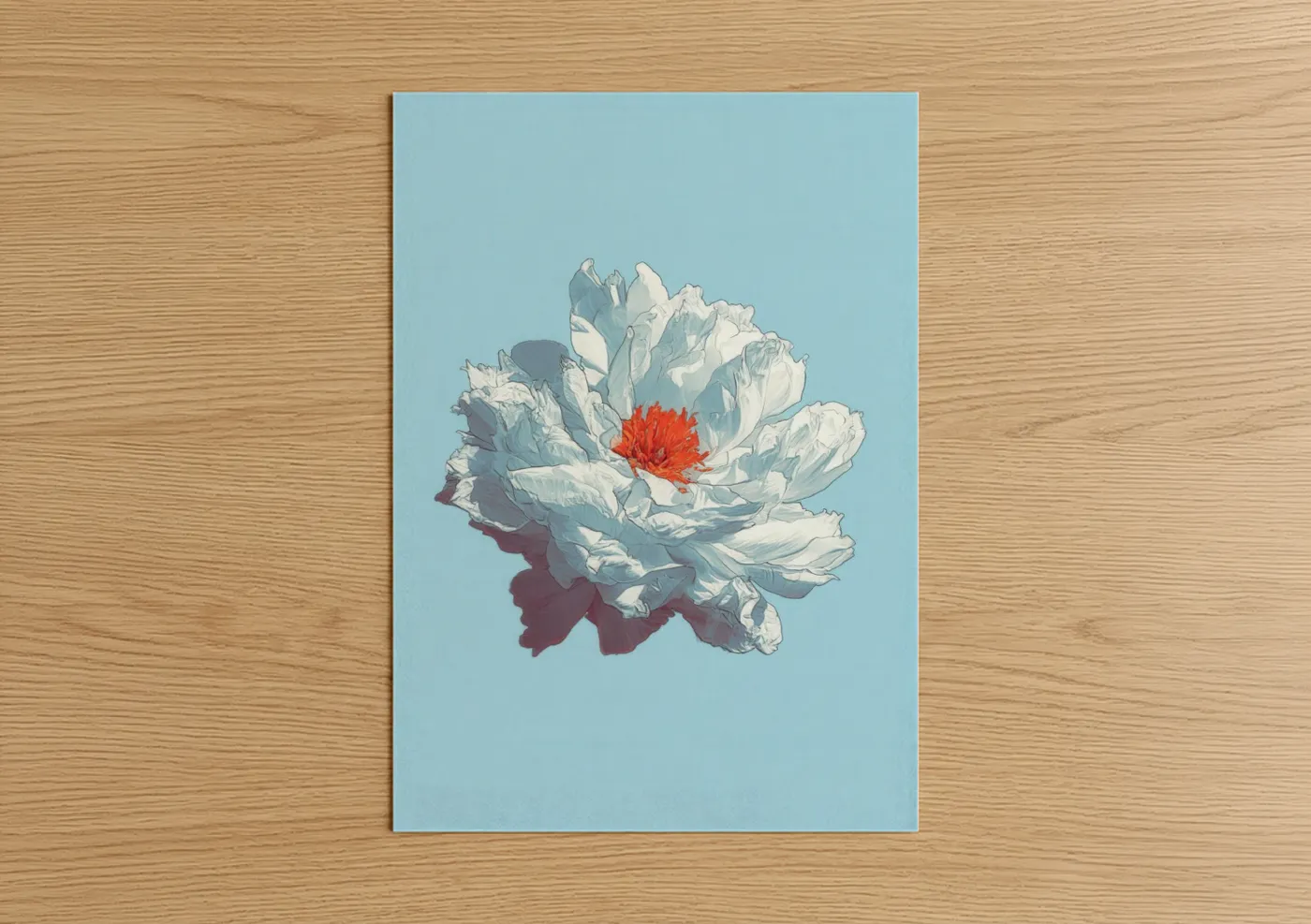 Abstract flower art print on warm oak wood — blue and white and red palette — Crimson Peony Bloom poster