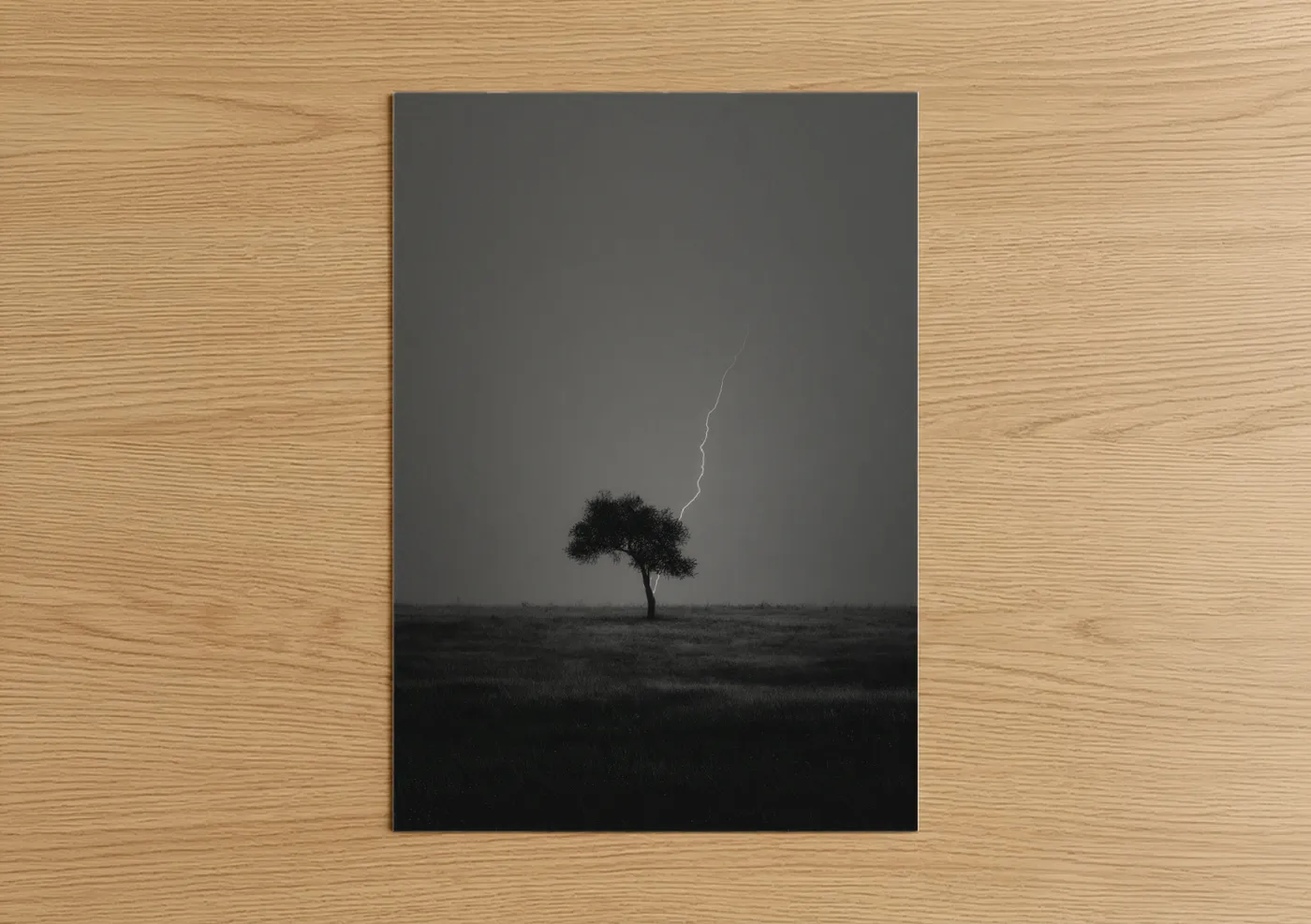 Solitary Tree Lightning Storm Black White Wall Art