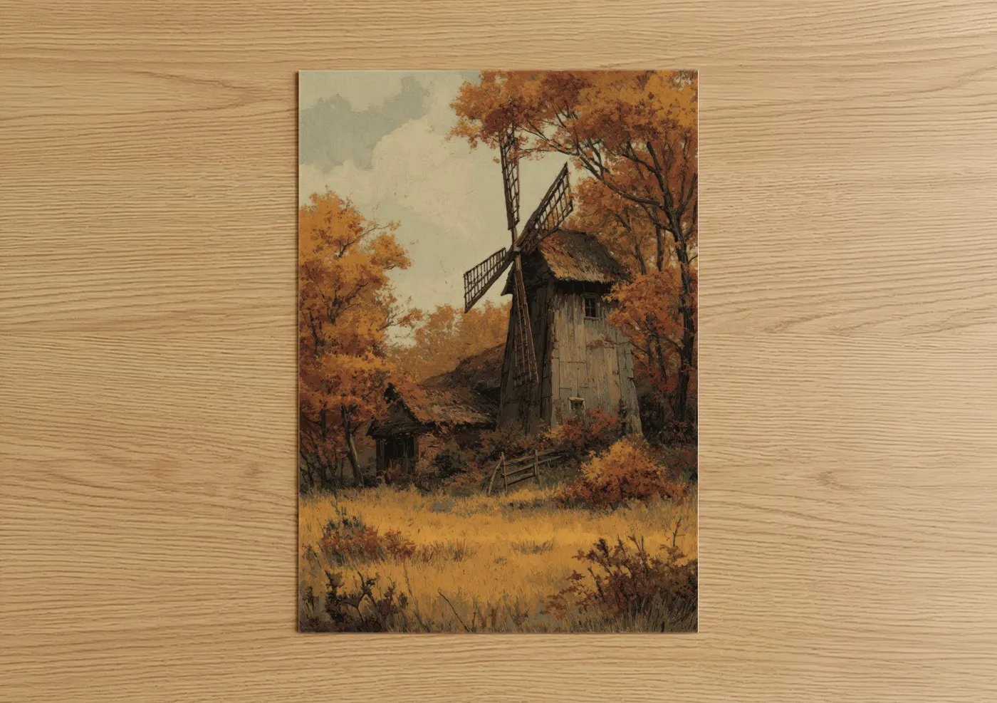 Windmills art print on warm oak wood — gold and cream palette — Autumn Windmill poster