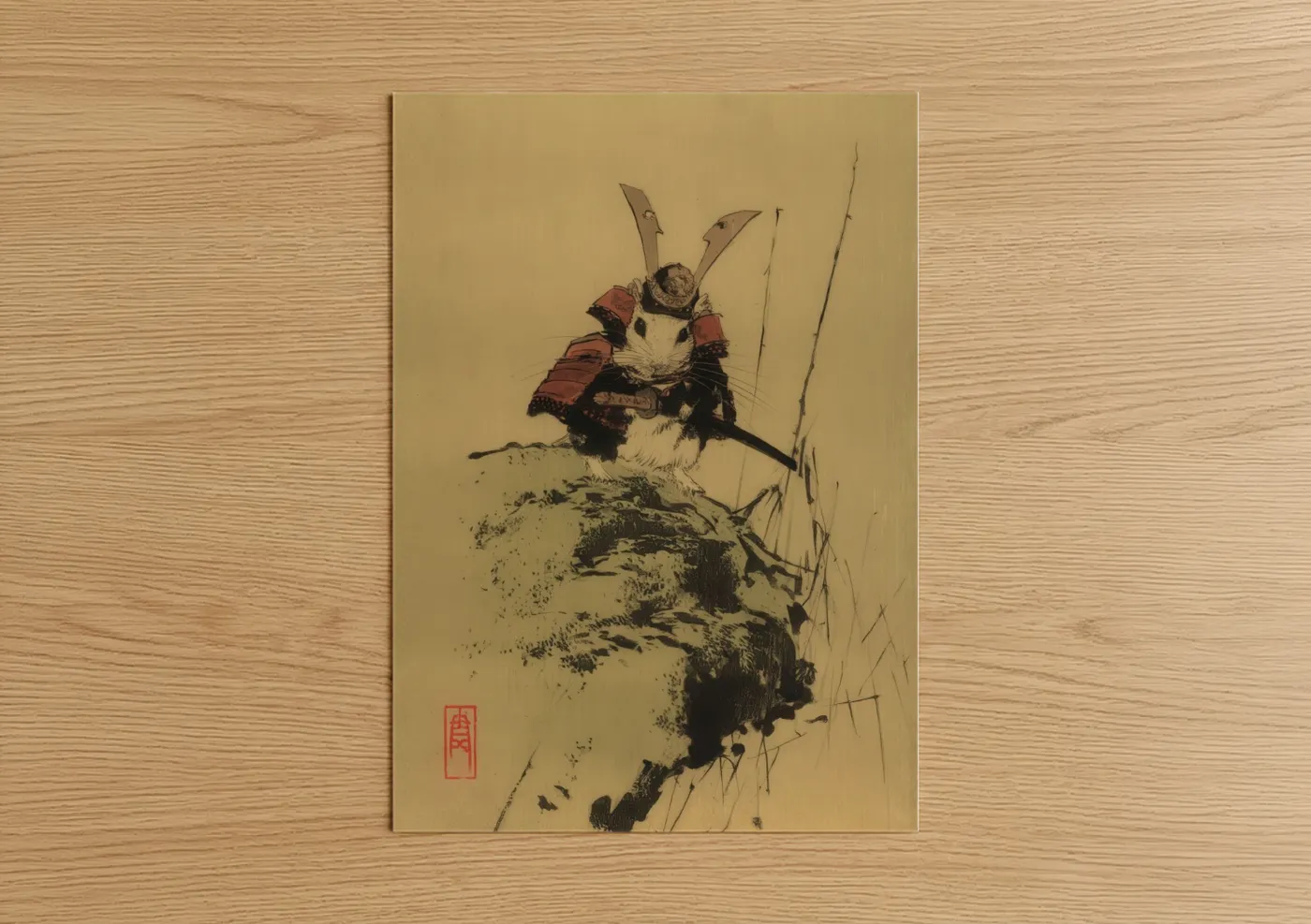 Art print on warm oak wood — beige and black and red palette — Samurai Gerbil poster