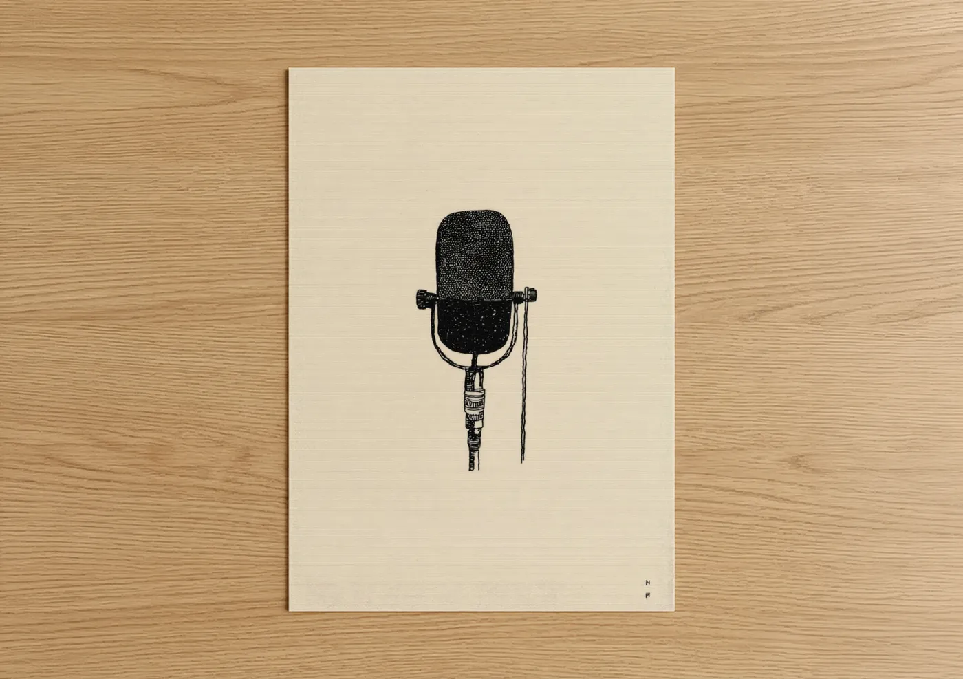 Art print on warm oak wood — black and cream palette — Vintage Microphone poster
