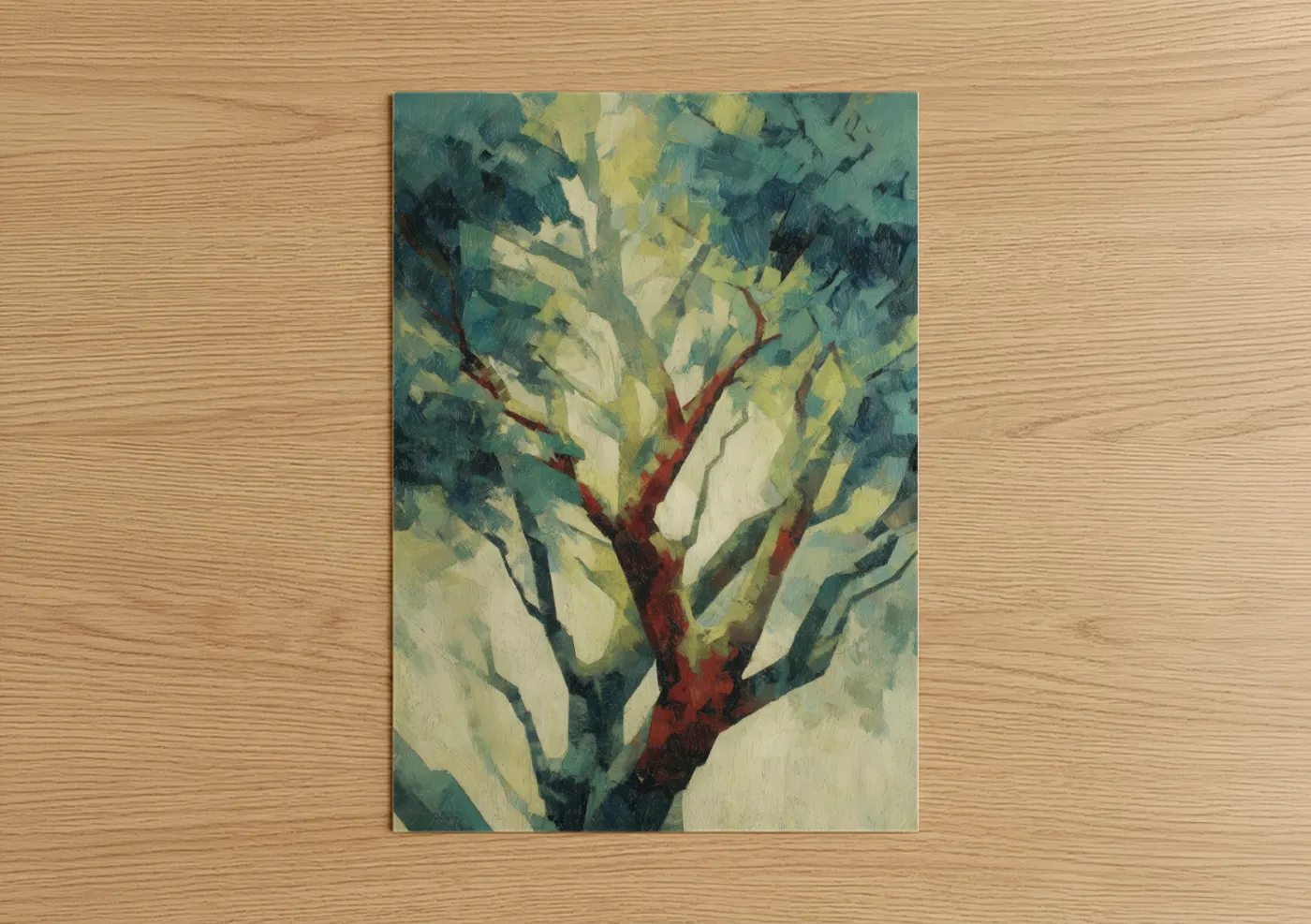 Art print on warm oak wood — teal and yellow gold palette — Sunlit Banyan Tree poster