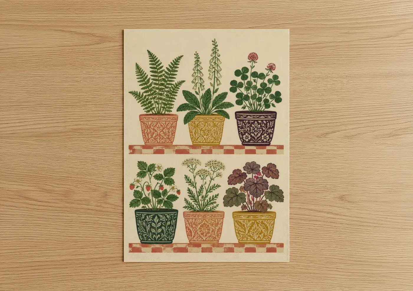 Plant art print on warm oak wood — beige and true green palette — Botanical Potted Herbs Wall Art poster