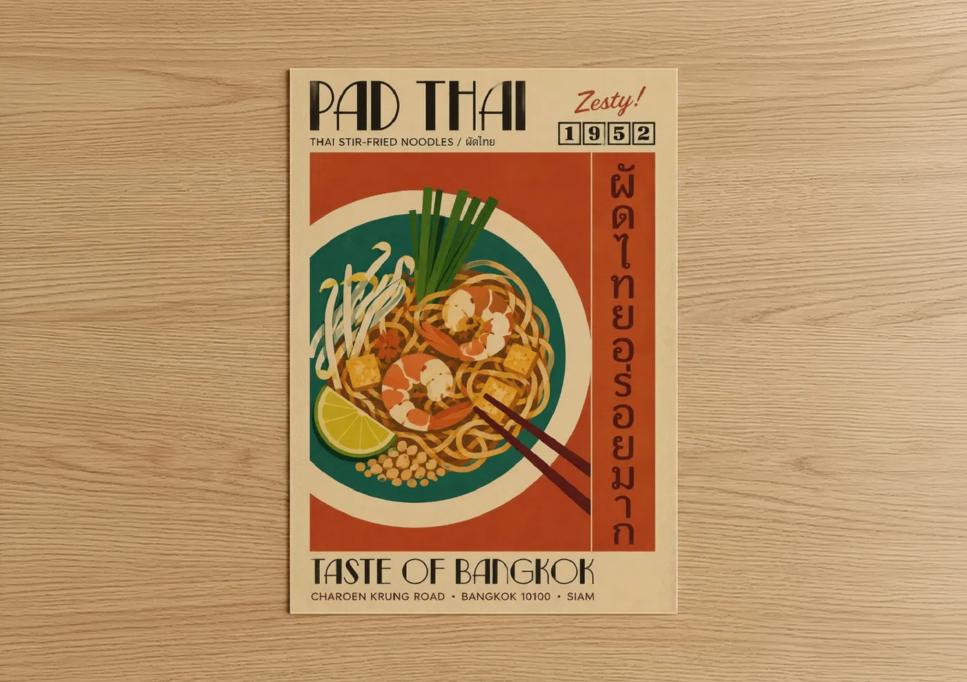 Pasta art print on warm oak wood — orange and teal palette — Pad Thai Vintage Poster Wall Art poster