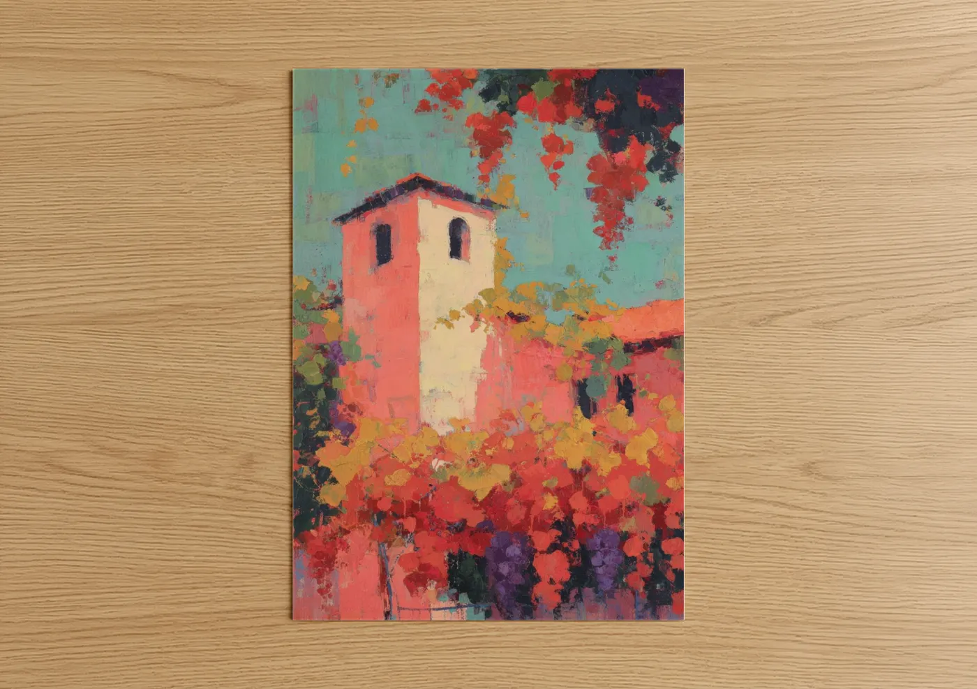 Towers art print on warm oak wood — red and teal palette — Crimson Tower Garden poster