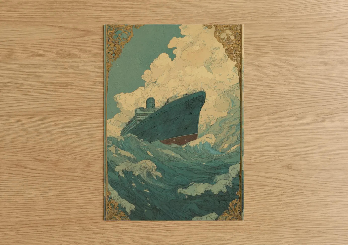 Art print on warm oak wood — teal and cream palette — Stormy Cruise Ship poster