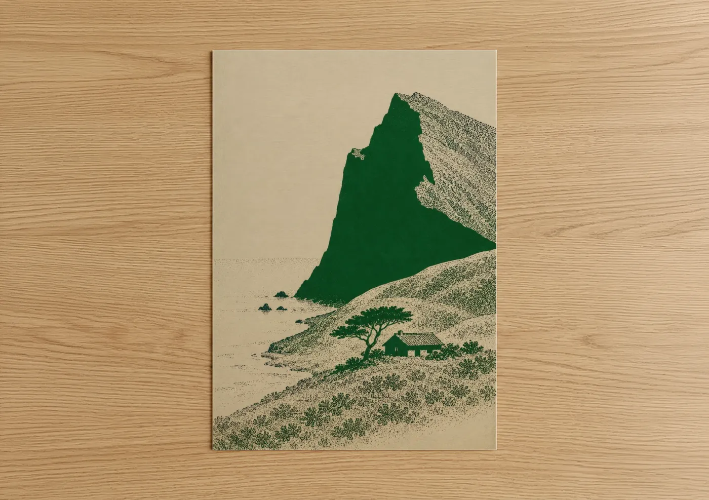 Art print on warm oak wood — true green and beige palette — Japanese Mountain Cottage Landscape Wall Art poster