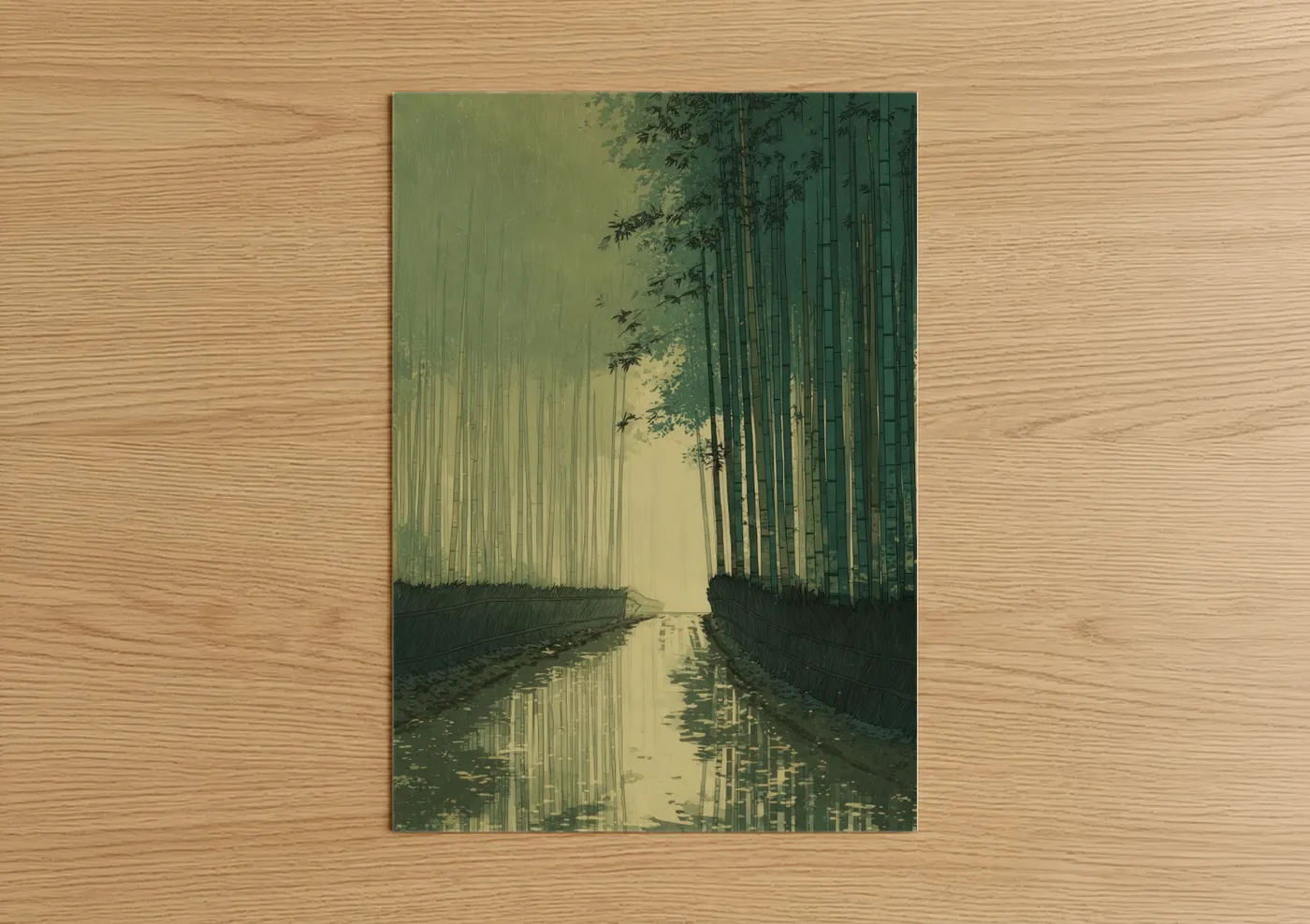 Bamboo jungle art print on warm oak wood — sage green and cream palette — Misty Bamboo Path poster