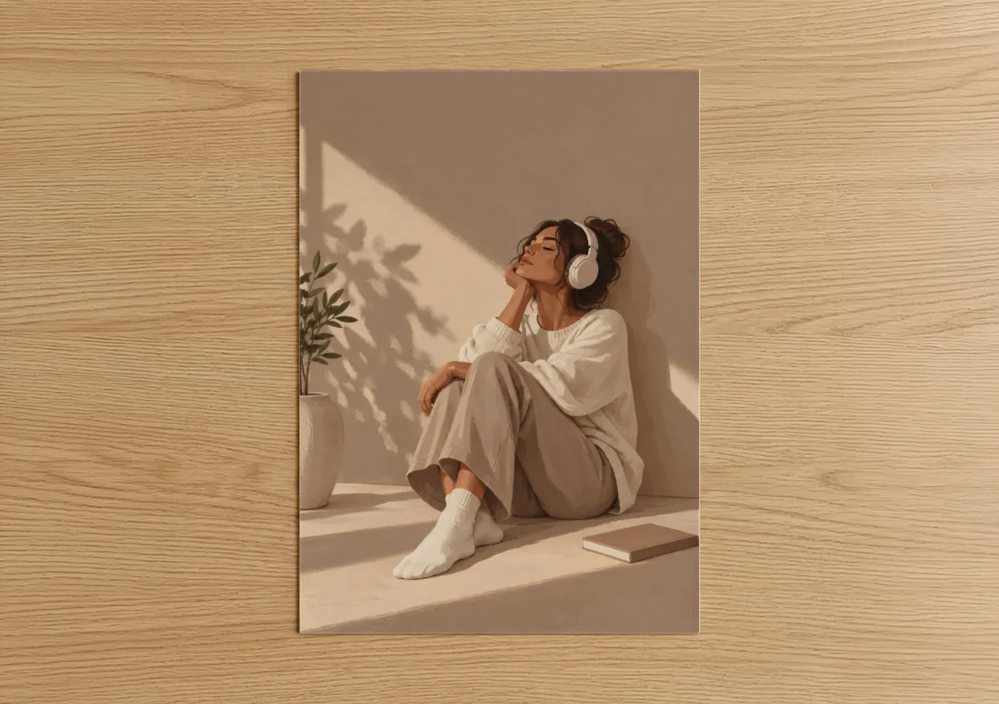 Reading art print on warm oak wood — beige and cream palette — Woman Listening to Music Wall Art poster