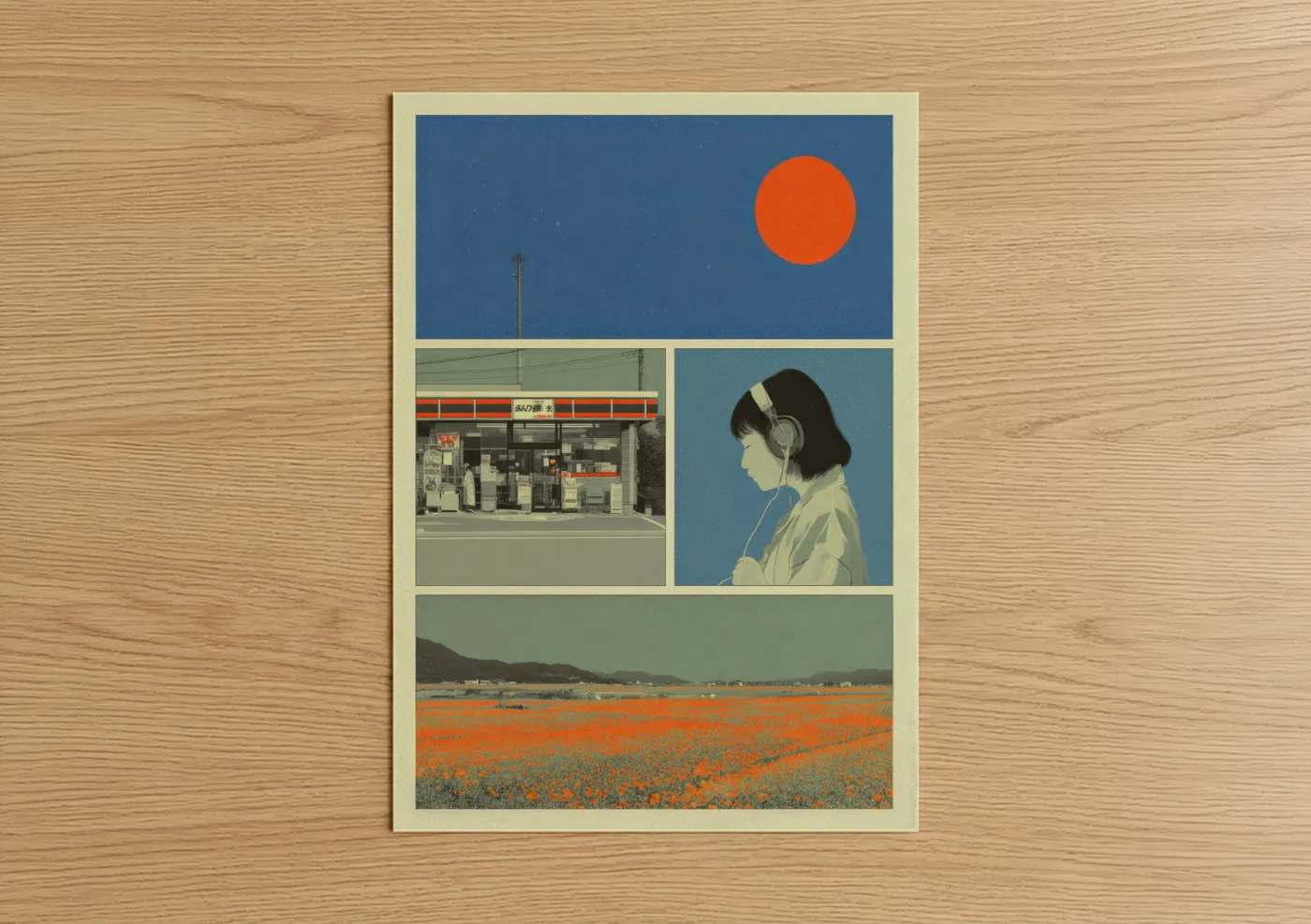 Japanese y2k art print on warm oak wood — blue and orange palette — Tokyo Dreamer poster