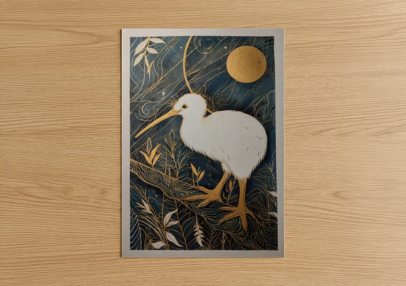 Art print on warm oak wood — dark blue and gold palette — Moonlit Kiwi poster