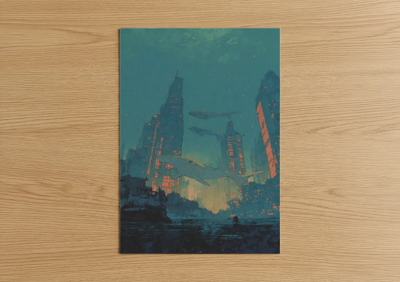 Sci-fi art print on warm oak wood — teal and gold palette — Underwater Metropolis poster