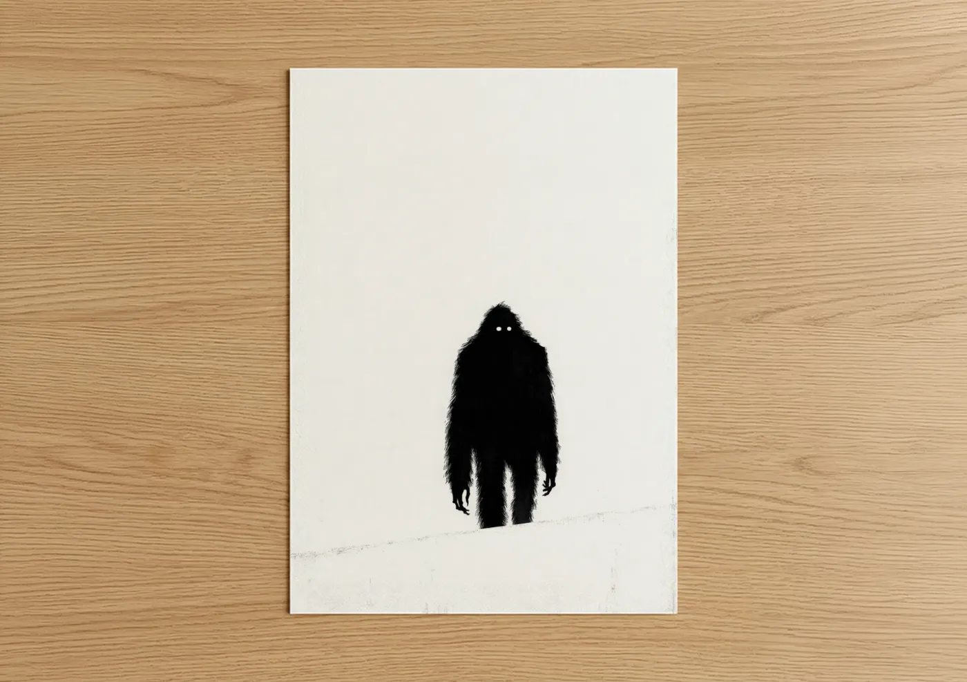 Art print on warm oak wood — black and white palette — Snowy Yeti poster