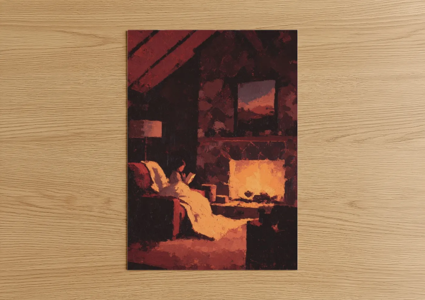 Reading art print on warm oak wood — maroon and gold palette — Golden Hour Reader poster