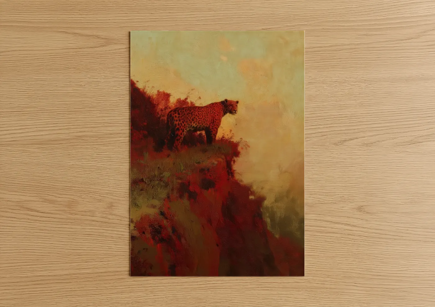 Art print on warm oak wood — red and gold palette — Crimson Jaguar poster