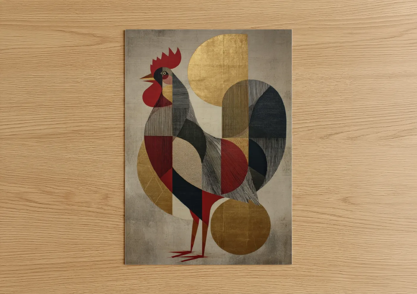 Chicken and roosters art print on warm oak wood — gold and maroon palette — Geometric Rooster poster