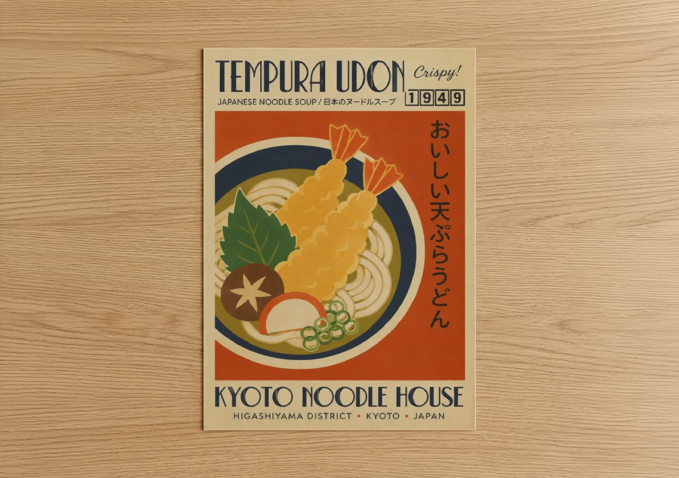 Pasta art print on warm oak wood — orange and cream palette — Vintage Japanese Tempura Udon Bowl Wall Art poster