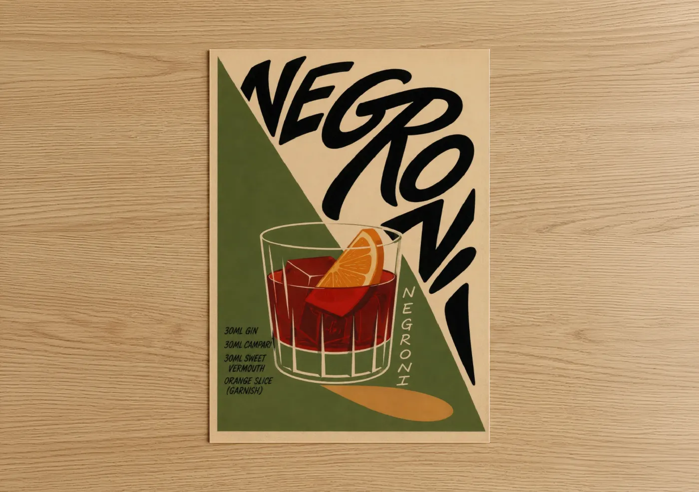 Art print on warm oak wood — beige and olive palette — Negroni Cocktail Retro Bar Wall Art poster