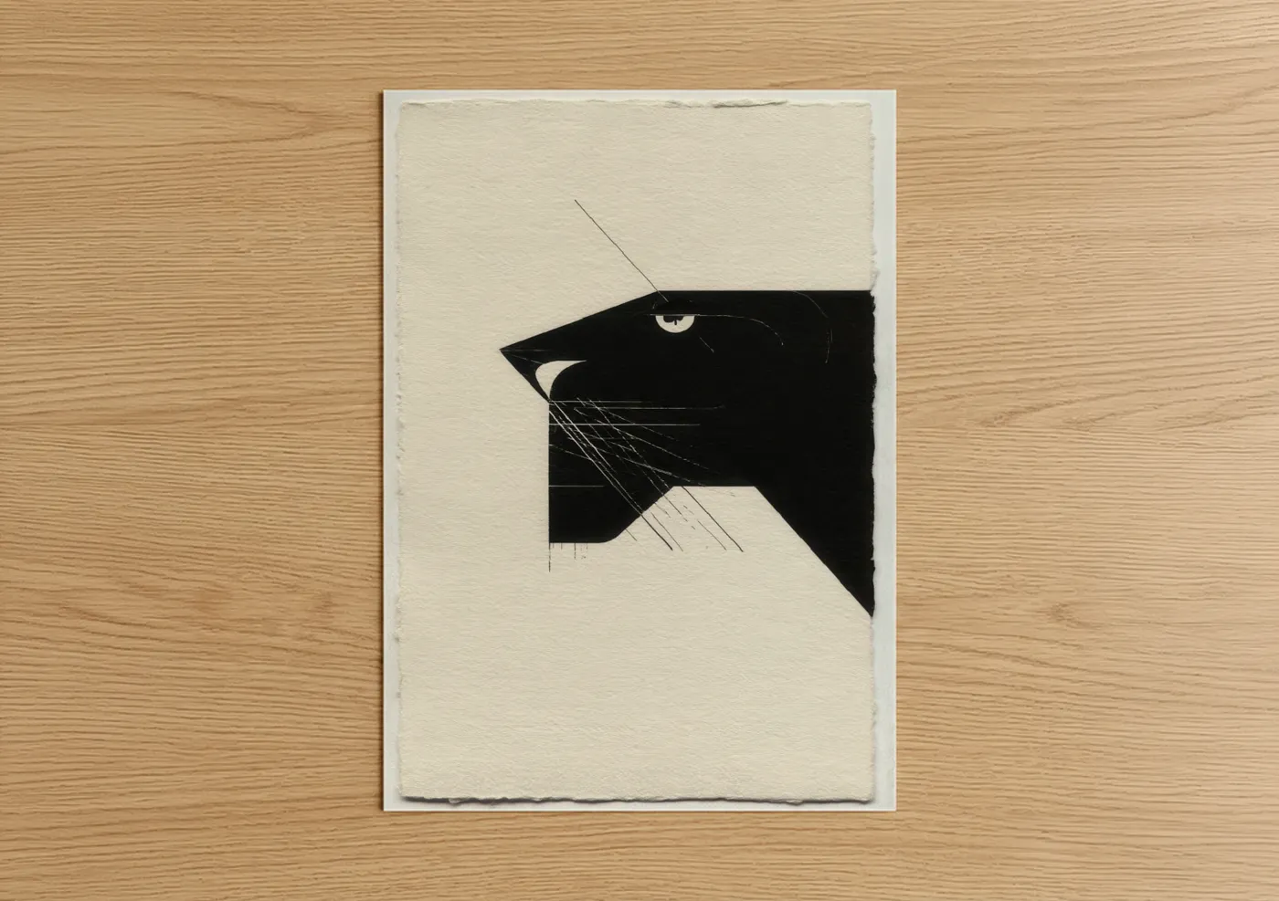 Art print on warm oak wood — black and white and cream palette — Minimalist Lion poster