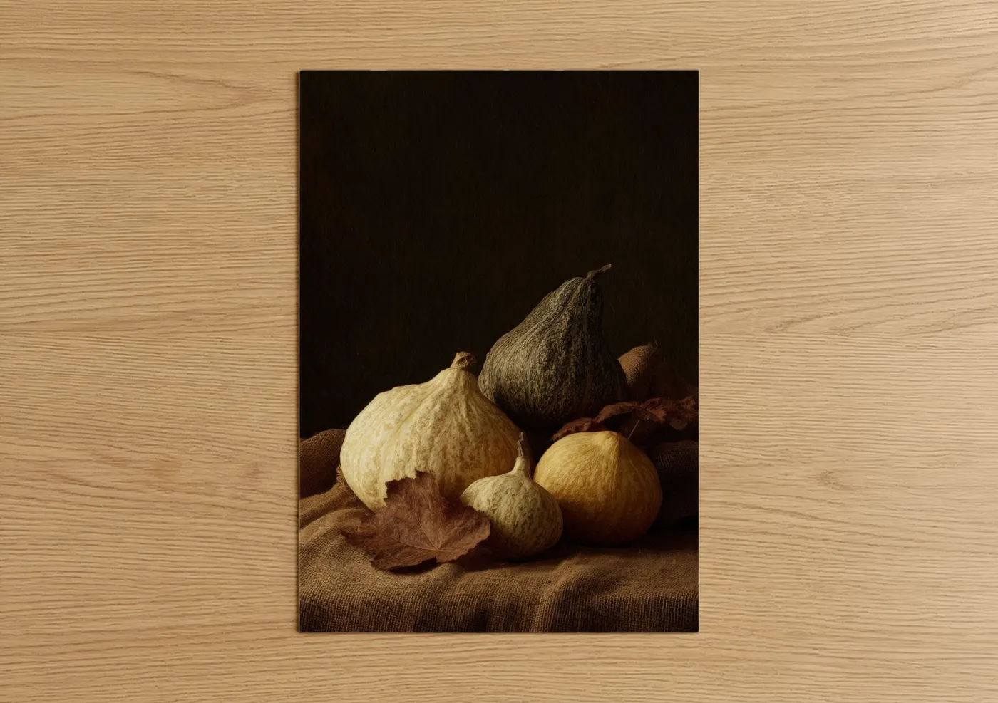 Fruit art print on warm oak wood — gold and brown palette — Autumn Figs Still Life poster