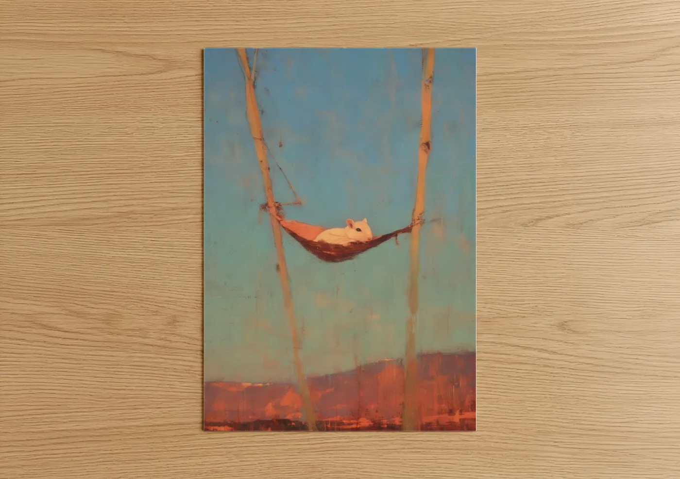 Art print on warm oak wood — gold and blue palette — Sunset Gerbil poster