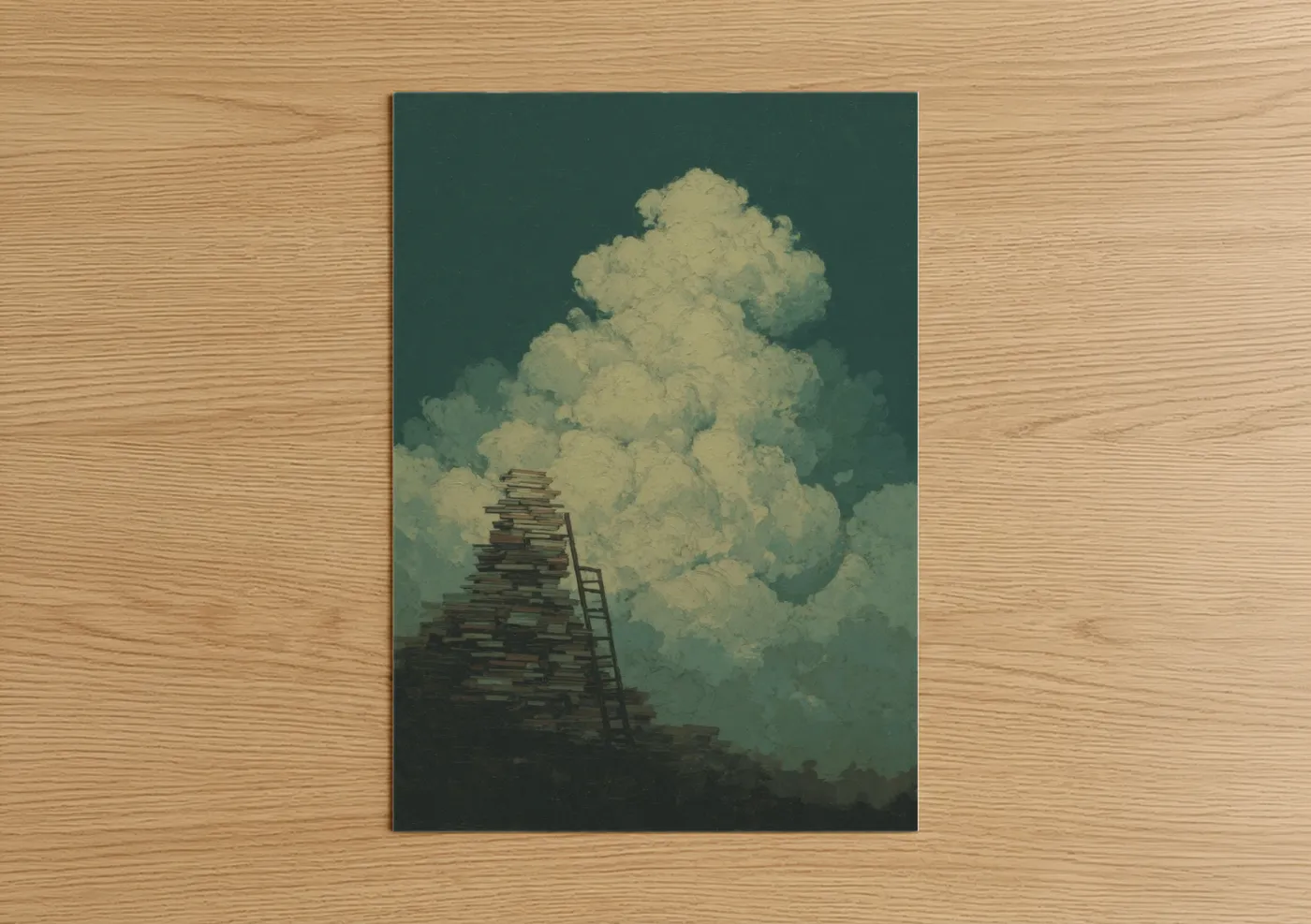 Reading art print on warm oak wood — sage green and cream palette — Cloudbound Reader poster