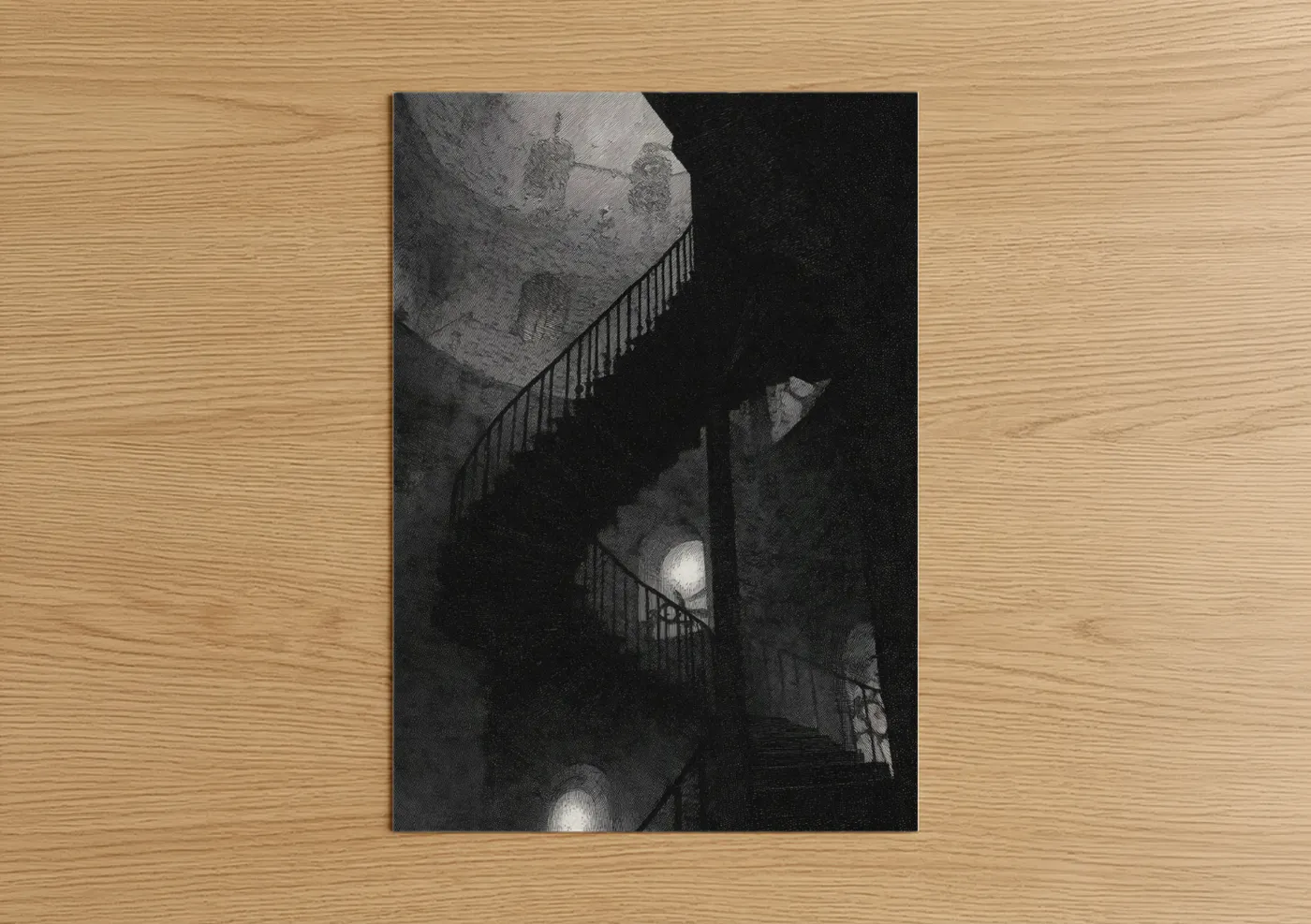 Art print on warm oak wood — black and white and gray palette — Spiral Staircase poster